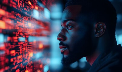 a man staring at a digital data screen.