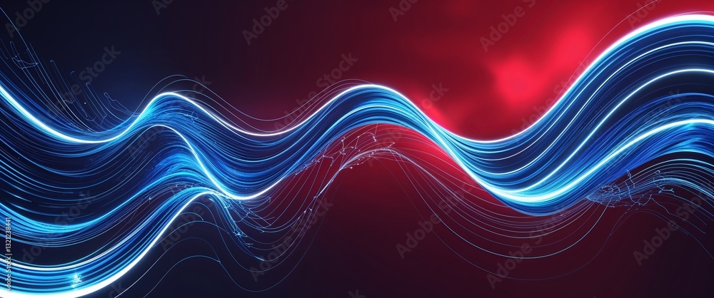 Aufkleber blue wave curve light rays on red dark background motion and energy concept modern and futuristic digital abstract artwork background