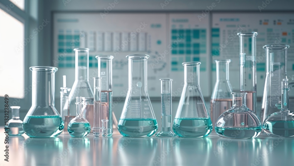 Poster collection of laboratory glassware filled with colorful liquids on a clean surface in a science lab 