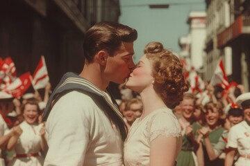 Fototapeta premium Couple embraces in passionate kiss amidst joyful crowd celebrati
