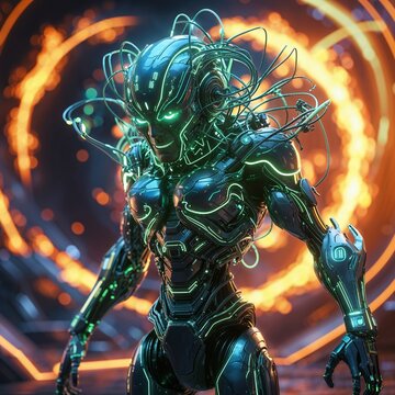 Sci-Fi Alien Robot with Glowing Green Lights and Sinister Smile in Cybernetic Scene