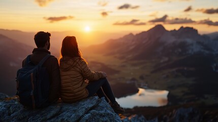 Couple enjoying a sunset from a mountain viewpoint surrounded by picturesque landscapes and tranquil waters