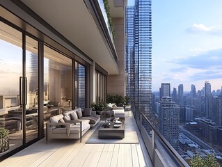 Luxury apartment balcony with city view.