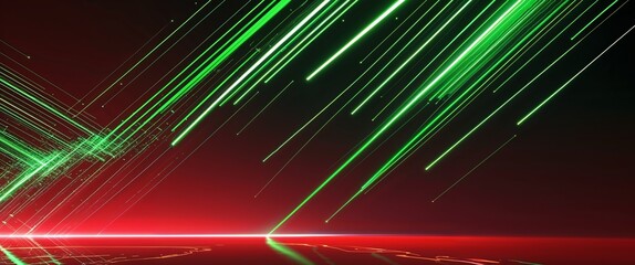 Fototapeta premium green diagonal streaks light rays on red dark background motion and energy concept modern and futuristic digital abstract artwork background