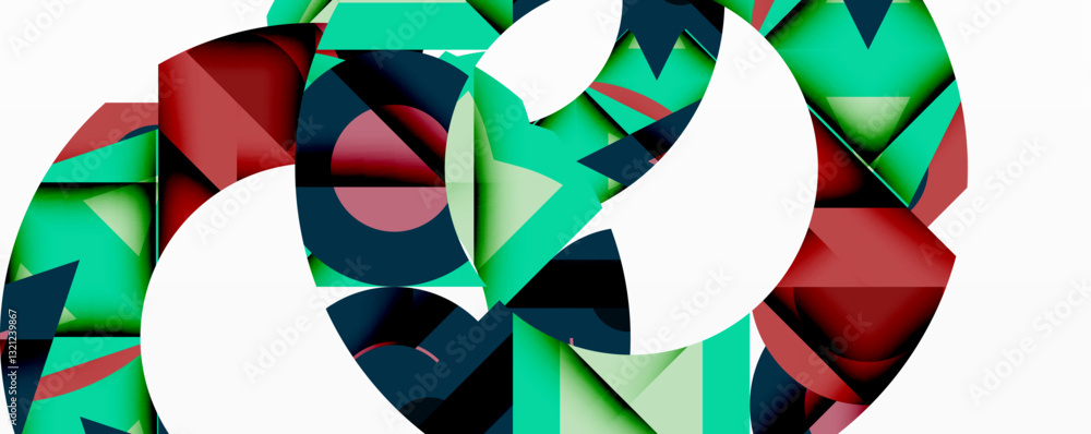 Poster Abstract geometric composition with interlocking circular and angular shapes, featuring smooth gradients and sharp contrasts on a white background