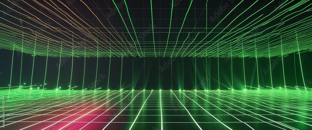 Poster green mesh grid glowing light rays on colorful dark background motion and energy concept modern and 