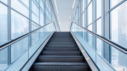 Modern escalator with glass walls in a contemporary building. Architecture and transportation concept.