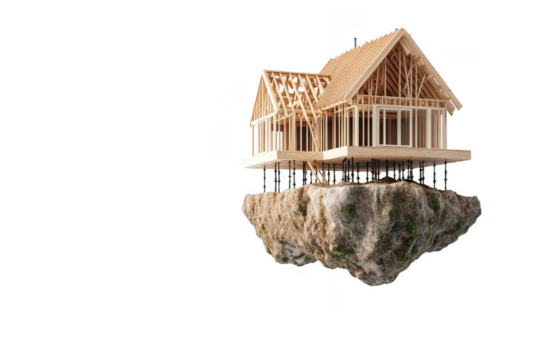 Floating wooden house design on a rock base with transparent background ideal for architectural presentations and digital illustrations showcasing innovative building concepts