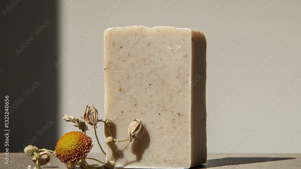 Poster rectangular block of soap with a light beige color and a speckled texture. the soap is placed on a b