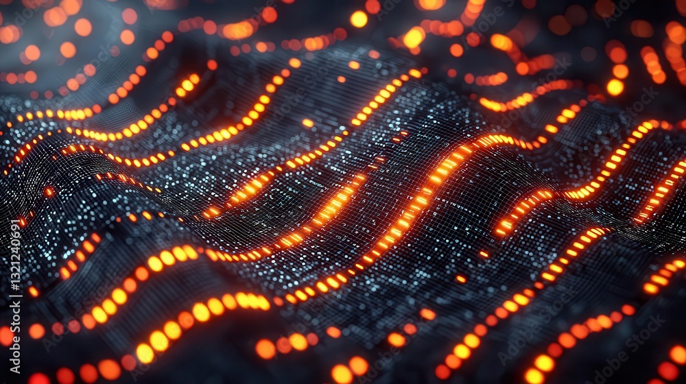 Poster abstract motion of glowing dots creating a dynamic visual experience on a dark background. copy spac