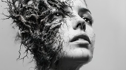 Surreal Monochromatic Portrait: Woman and Tree Roots