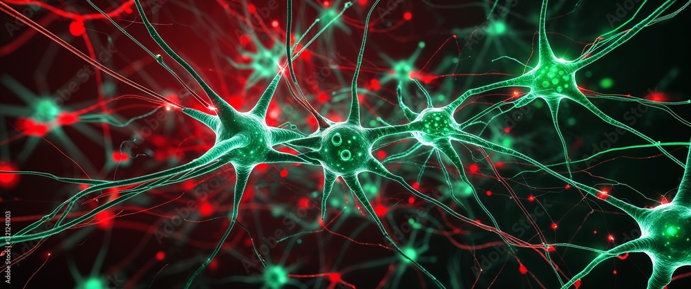 Aufkleber green neural network neuron connection red dark background motion and energy concept modern and futu