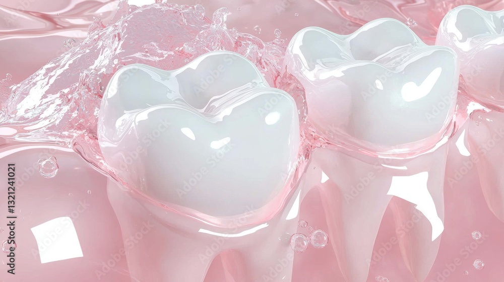 Poster three white teeth on a pink background. the teeth are arranged in a triangular formation, with the l