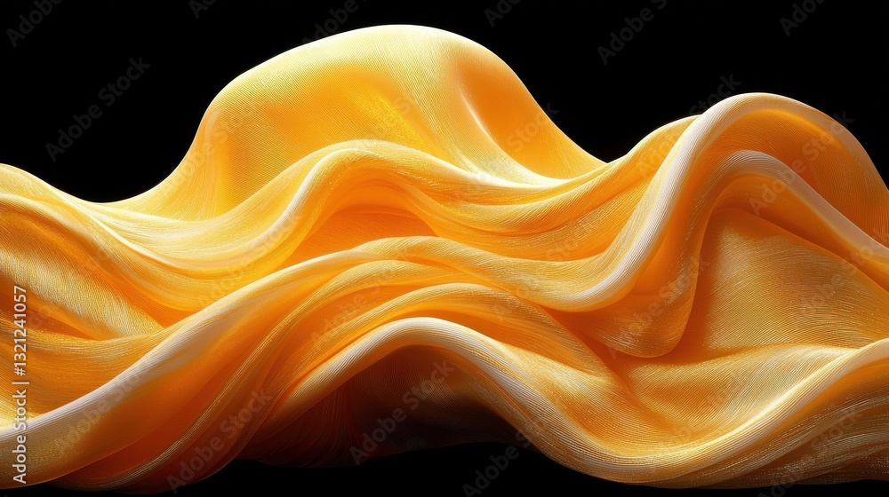 Poster flowing yellow fabric creates an elegant wave pattern against a dark background in a vibrant display