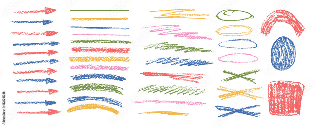 Poster chalk emphasis figure set. crayon underline and arrows. pencil scribble lines elements. vector hand 