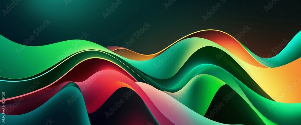 Poster green wave curve light rays on colorful dark background motion and energy concept modern and futuris