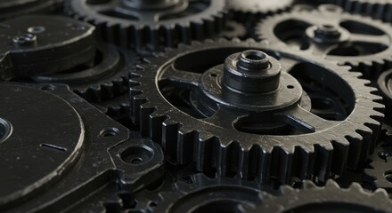 Intricate Black Metal Gears Interlocking in Complex Mechanism Detailed Closeup Industrial Photography