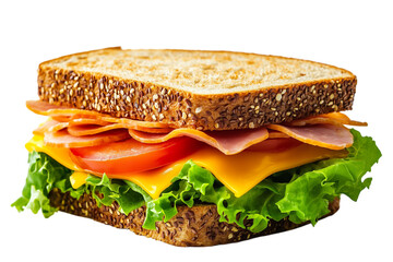 Ham and cheese sandwich with lettuce and tomato on whole wheat bread isolated on transparent background