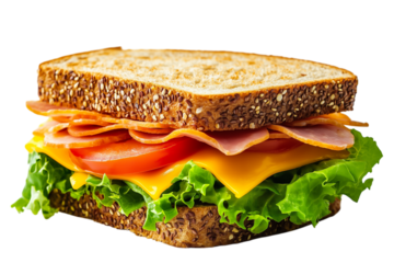 Ham and cheese sandwich with lettuce and tomato on whole wheat bread isolated on transparent background