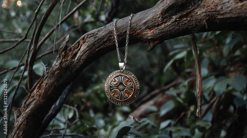 Poster pendant hanging from a tree branch. the pendant is circular in shape and has an intricate design in 