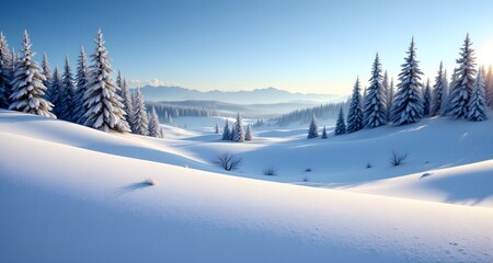 Obraz premium Serene winter landscape with rolling snow-covered hills under clear sky, winter landscape with snow