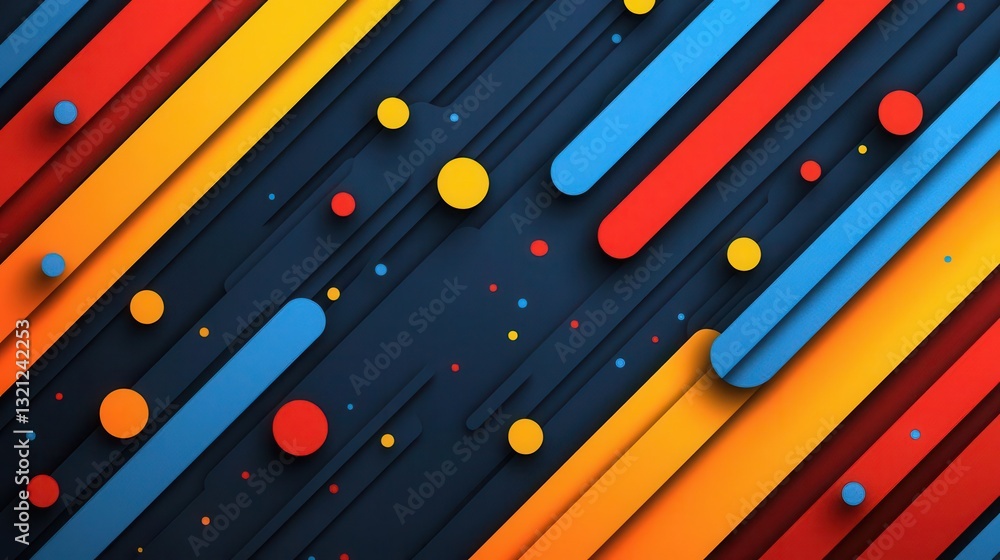 Poster vibrant abstract composition featuring colorful lines and circles on a dark background, perfect for 