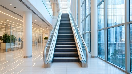 Obraz premium Modern office interior with escalator and large windows. Contemporary architecture with natural light and open space.