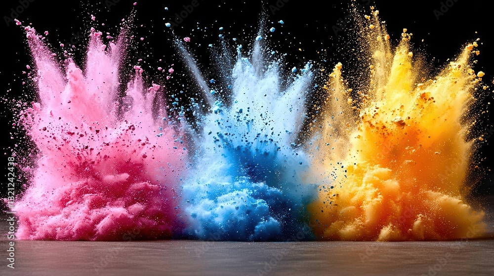 Poster vibrant explosions of colored powders create a dynamic and artistic visual impact. copy space, comme