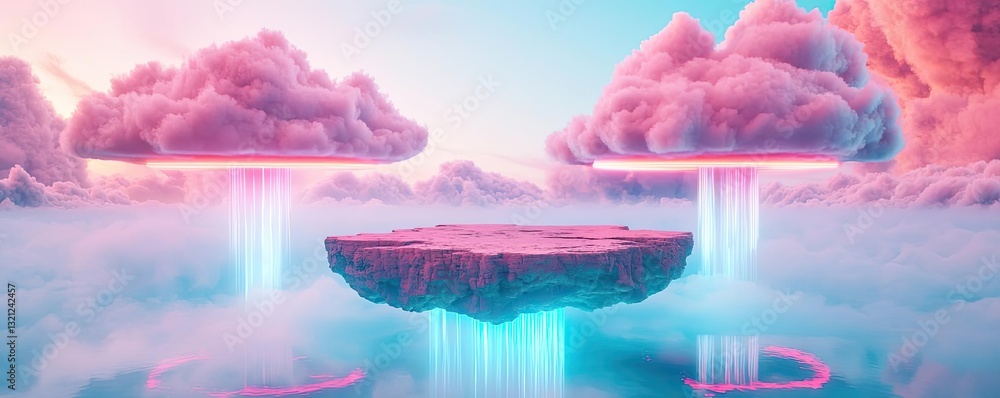 Poster 3d abstract art background concept. a surreal floating island in a vibrant sky, surrounded by colorf