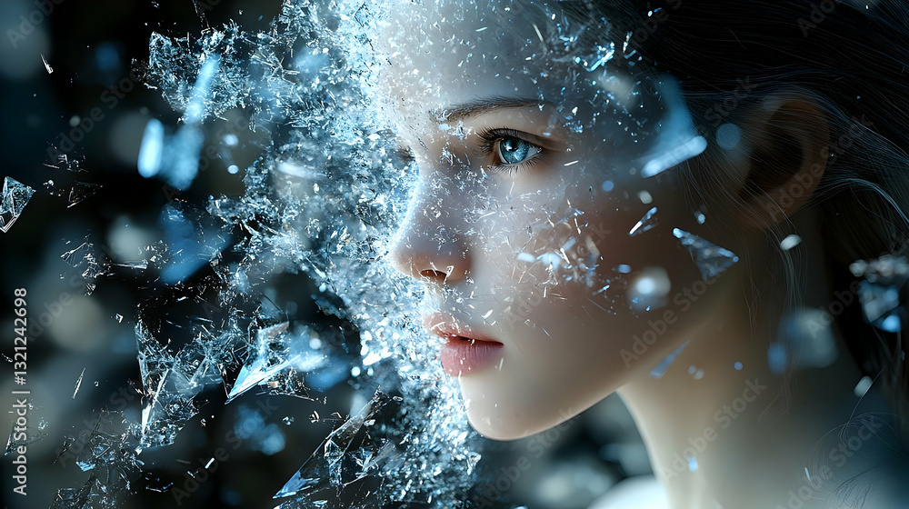 Poster a girl's face is partially obscured by shards of shattered ice, creating a surreal and ethereal effe