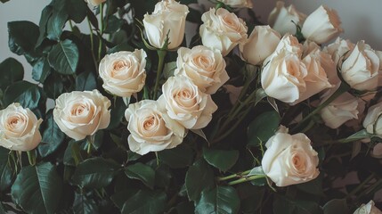 Close-up of a bunch of white roses. the roses are in full bloom and are arranged in a bunch, with some overlapping each other. the petals of the roses are delicate and have a soft, velvety texture.