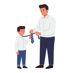 Father teaching son how to tie a tie in flat vector art