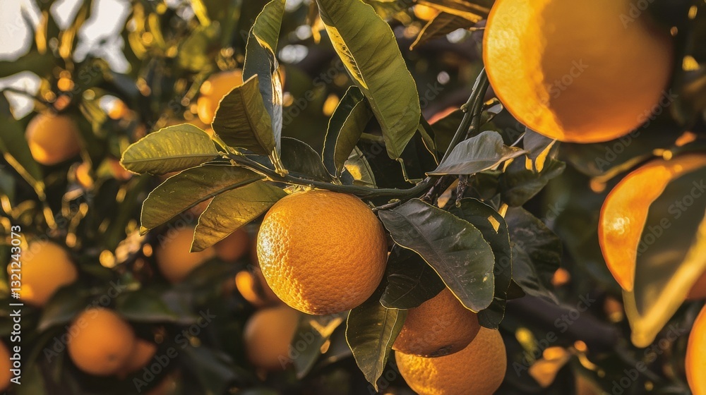 Poster close-up of a tree with a bunch of oranges hanging from its branches. the oranges are bright orange 
