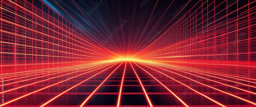 Poster red mesh grid glowing light rays on colorful dark background motion and energy concept modern and fu