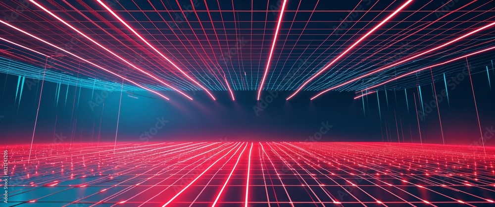 Poster red mesh grid glowing light rays on cyan dark background motion and energy concept modern and futuri
