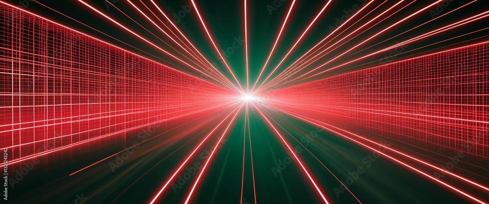 Poster red mesh grid glowing light rays on green dark background motion and energy concept modern and futur