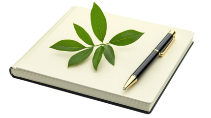 Blank notebook with a single green leaf placed on a wooden desk   a minimalist office workspace or study setup that inspires creativity learning and productivity