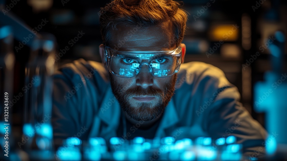 Poster A scientist studies quantum phenomena like superposition and entanglement while conducting experiments in a modern research lab.