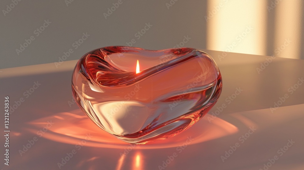 Poster 3d rendering of a heart-shaped object on a reflective surface. the object is made of glass and has a