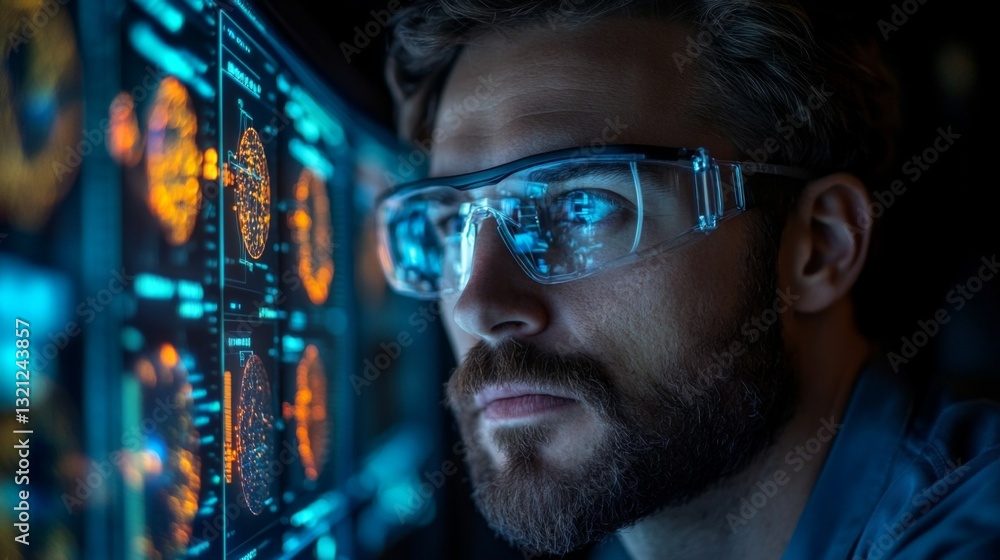 Poster A scientist investigates complex quantum simulations involving qubits and entanglement while analyzing data on a digital interface. This work enhances understanding of quantum mechanics.