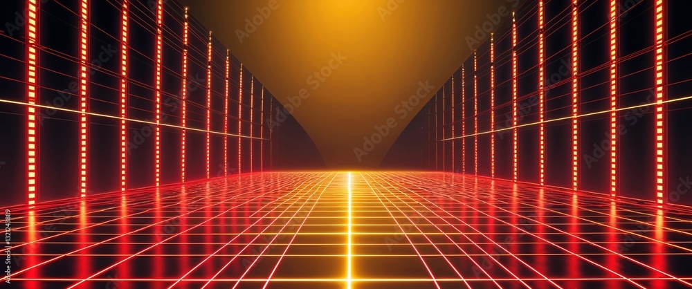 Poster red mesh grid glowing light rays on yellow dark background motion and energy concept modern and futu