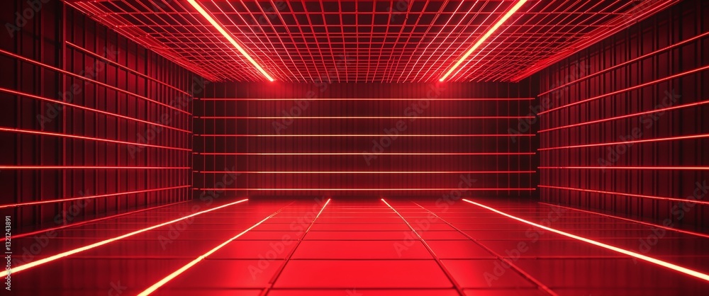 Poster red mesh grid glowing light rays on red dark background motion and energy concept modern and futuris