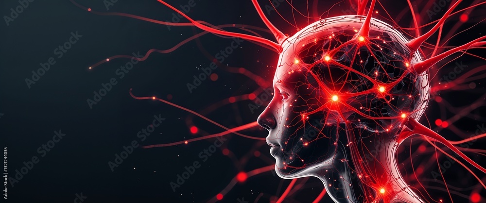 Poster red neural network neuron connection black dark background motion and energy concept modern and futu