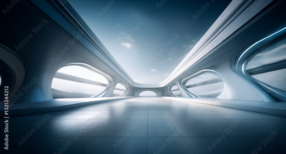 Aufkleber Futuristic white hall with large windows and smooth curves. Empty, bright and minimalist, the modern architectural space is under a cloudy sky.
