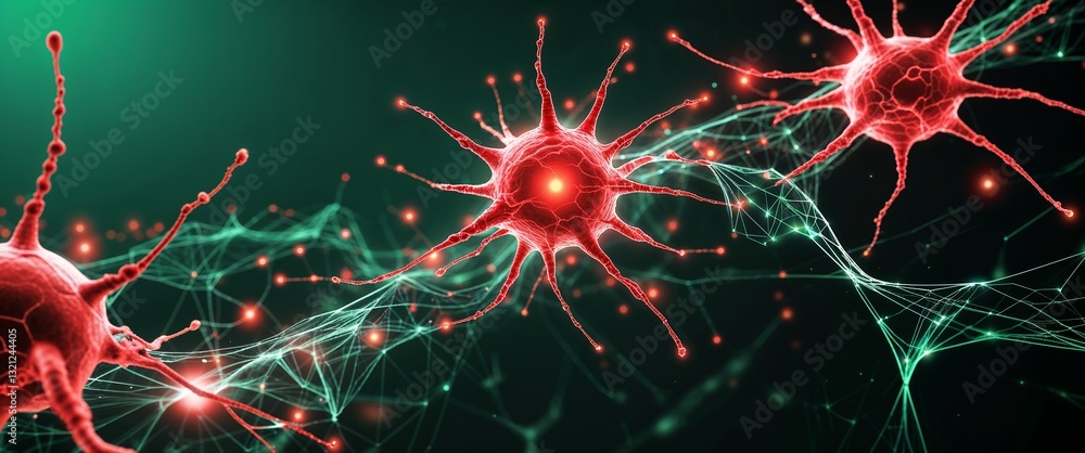 Poster red neural network neuron connection green dark background motion and energy concept modern and futu