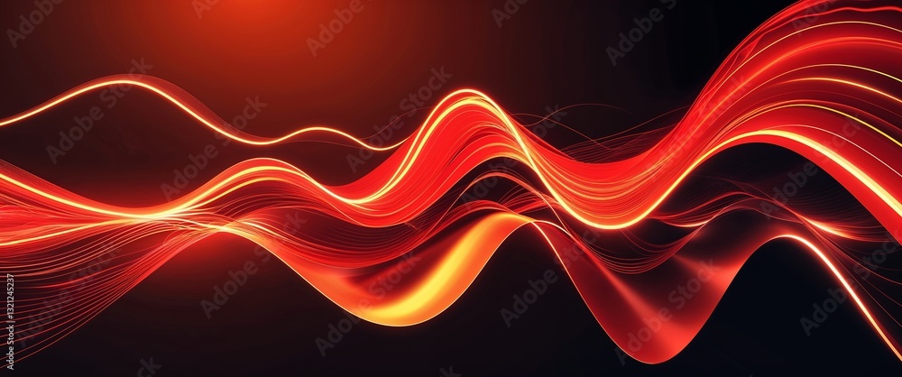 Poster red wave curve light rays on orange dark background motion and energy concept modern and futuristic 