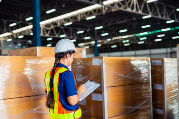 Warehouse worker checks inventory while organizing boxes in a storage facility during daylight hours