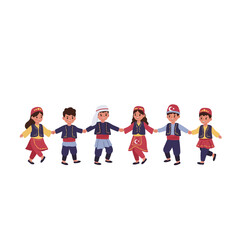 Children dressed in traditional outfits holding hands in flat vector illustration