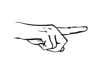 Hand-drawn sketch of a human hand with an extended index finger pointing forward. Black and white line art, isolated on a white background