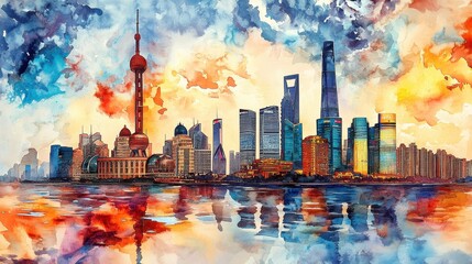 Obraz premium Shanghai Skyline Watercolor Painting Cityscape Reflection Urban Art